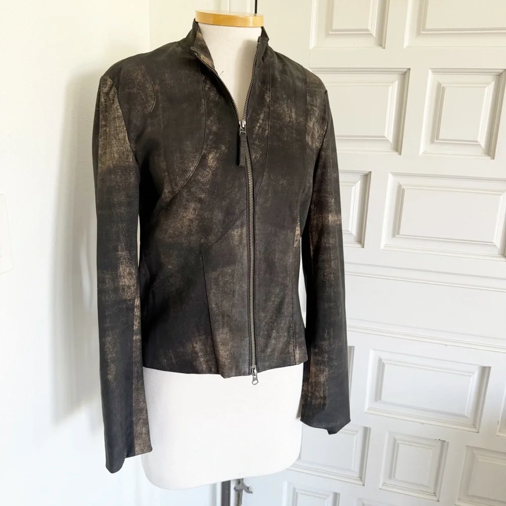 Cigno Nero Black Leather Jacket Fitted Coat Metallic Gold Size 40